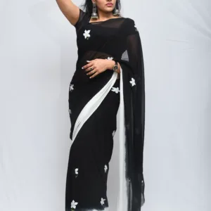 Black Sheer Hand-Painted Floral Saree