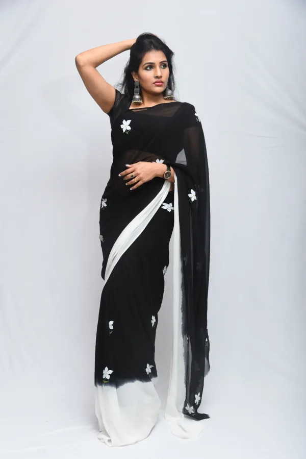 Black Sheer Hand-Painted Floral Saree