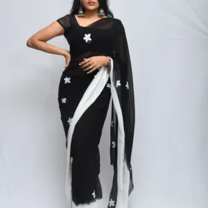 Black Sheer Hand-Painted Floral Saree