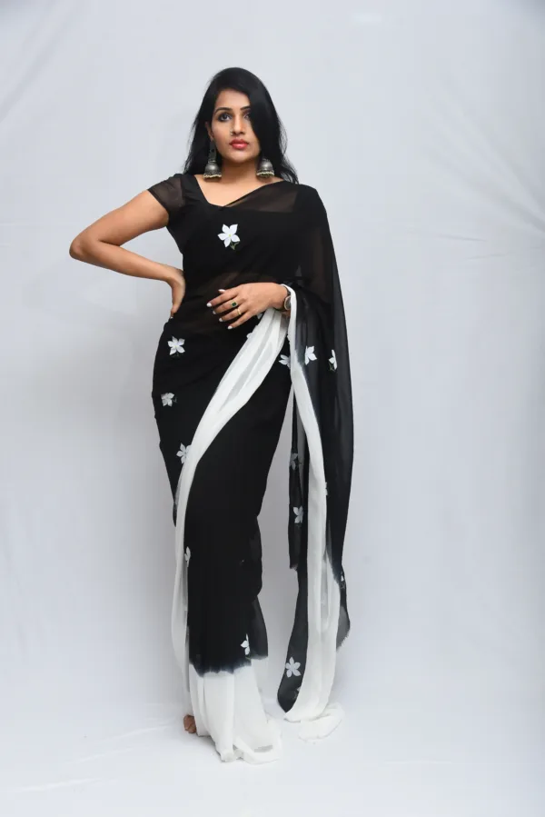 Black Sheer Hand-Painted Floral Saree