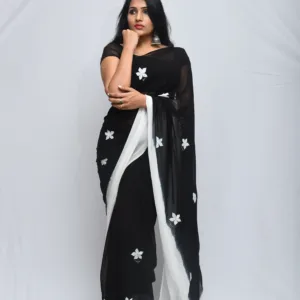 Black Sheer Hand-Painted Floral Saree
