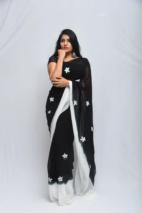 Black Sheer Hand-Painted Floral Saree