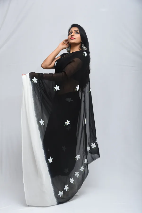 Black Sheer Hand-Painted Floral Saree