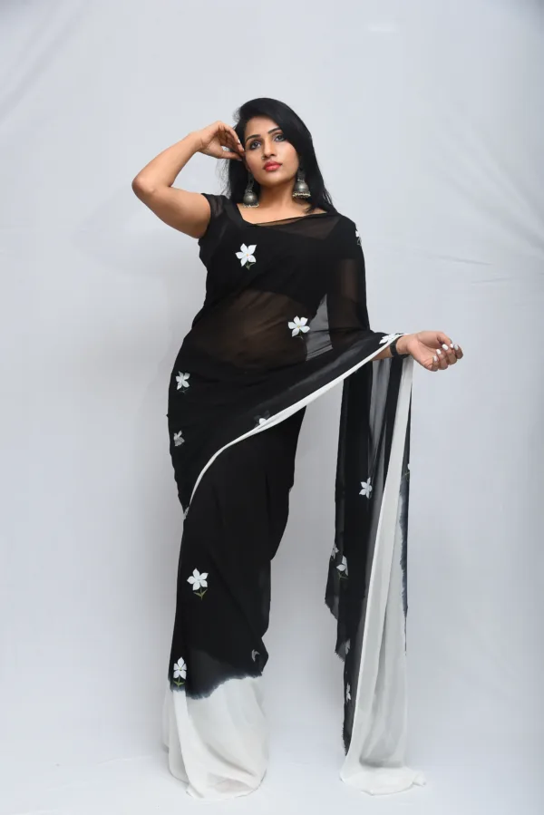 Black Sheer Hand-Painted Floral Saree