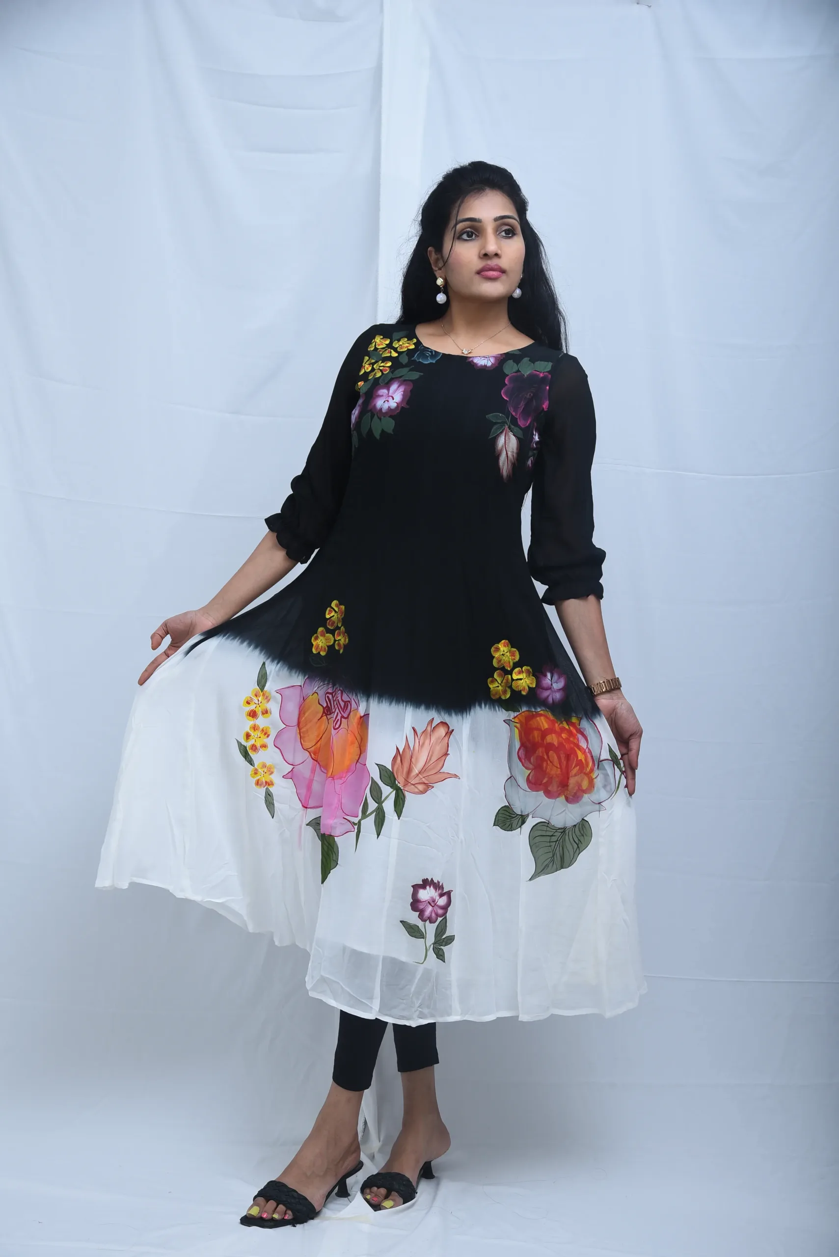 Flora Black and White Floral Midi Dress