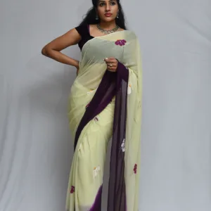 Cream and Purple Floral Saree