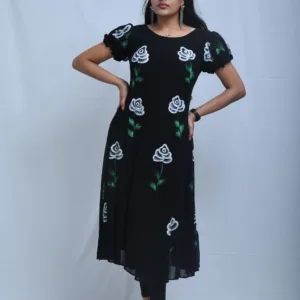 Pure georgette hand painted black dress with white roses