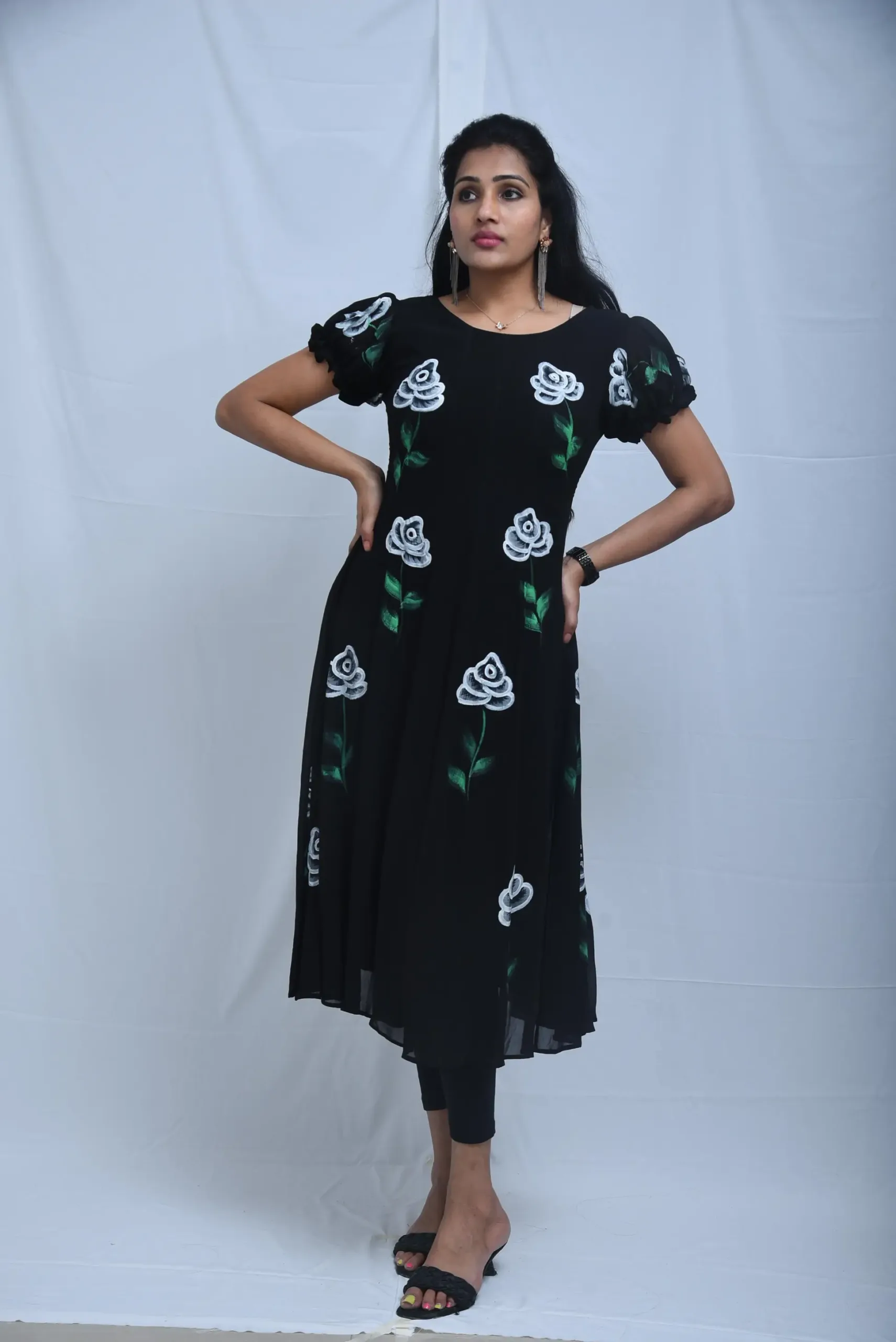 Pure georgette hand painted black dress with white roses