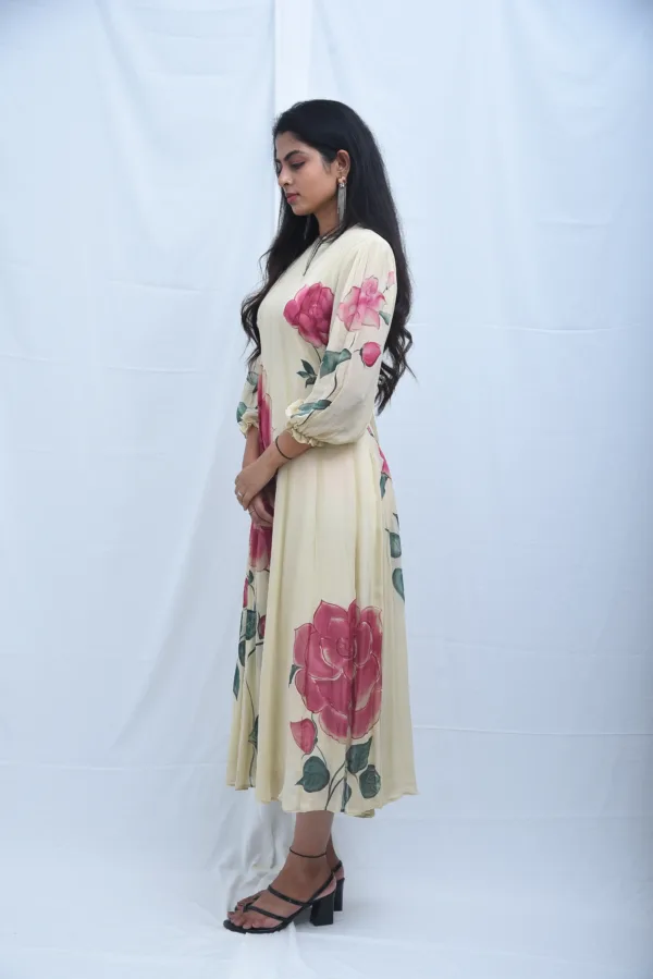 Flora Beige Floral Print A-Line Dress