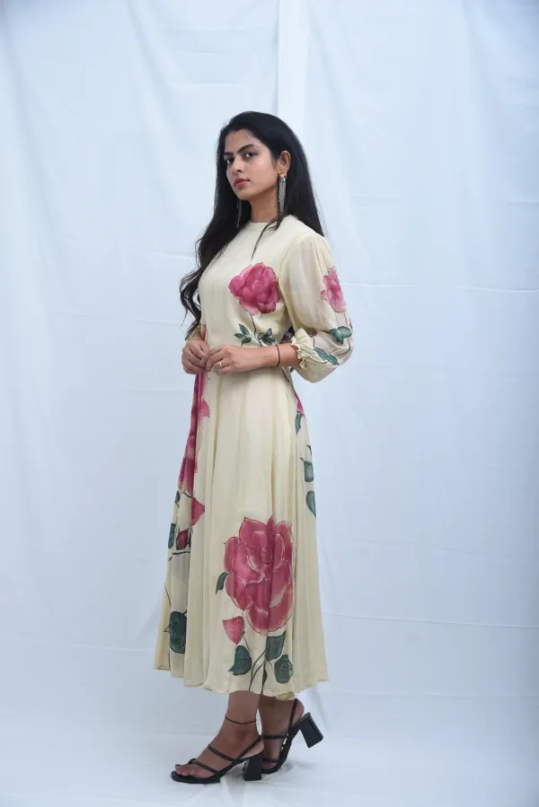 Flora Beige Floral Print A-Line Dress