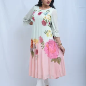 Pure georgette hand painted peach and white shaded dress with floral