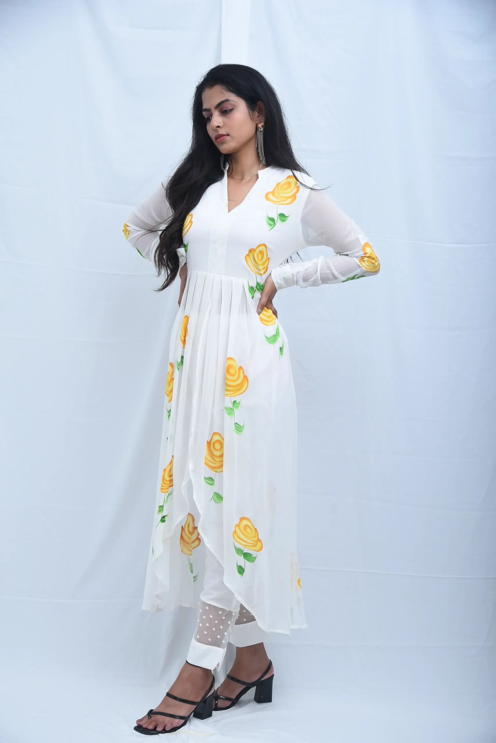 Flora White Floral Painted Asymmetrical Kurta