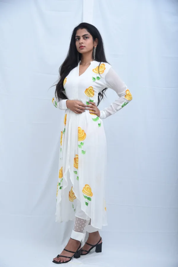 Flora White Floral Painted Asymmetrical Kurta