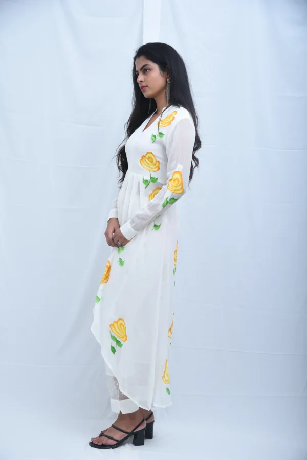 Flora White Floral Painted Asymmetrical Kurta