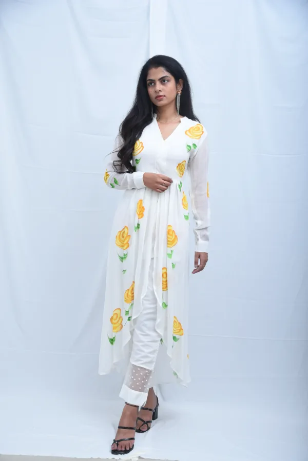 Flora White Floral Painted Asymmetrical Kurta