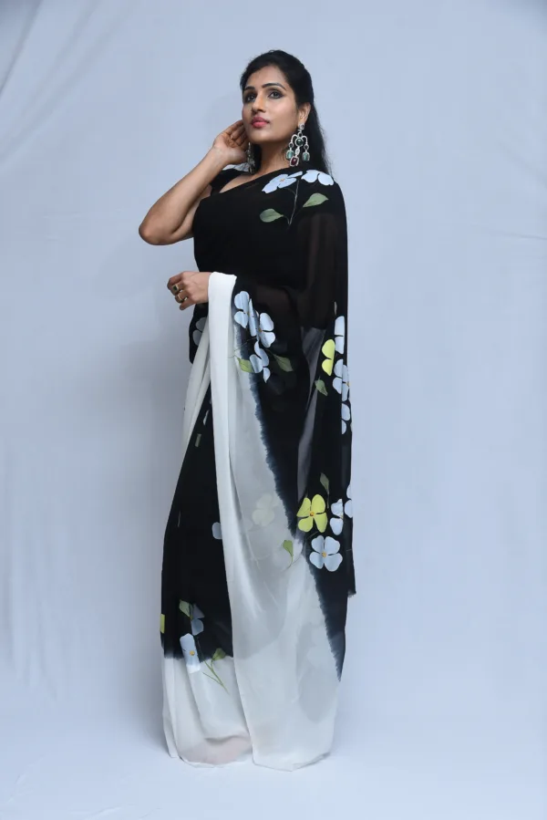 Black Floral Hand-Painted Saree