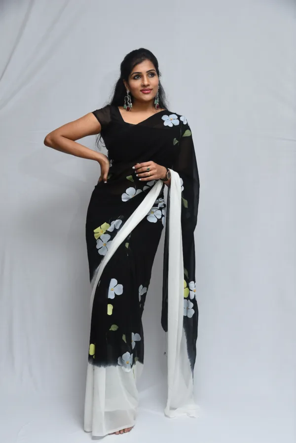 Black Floral Hand-Painted Saree