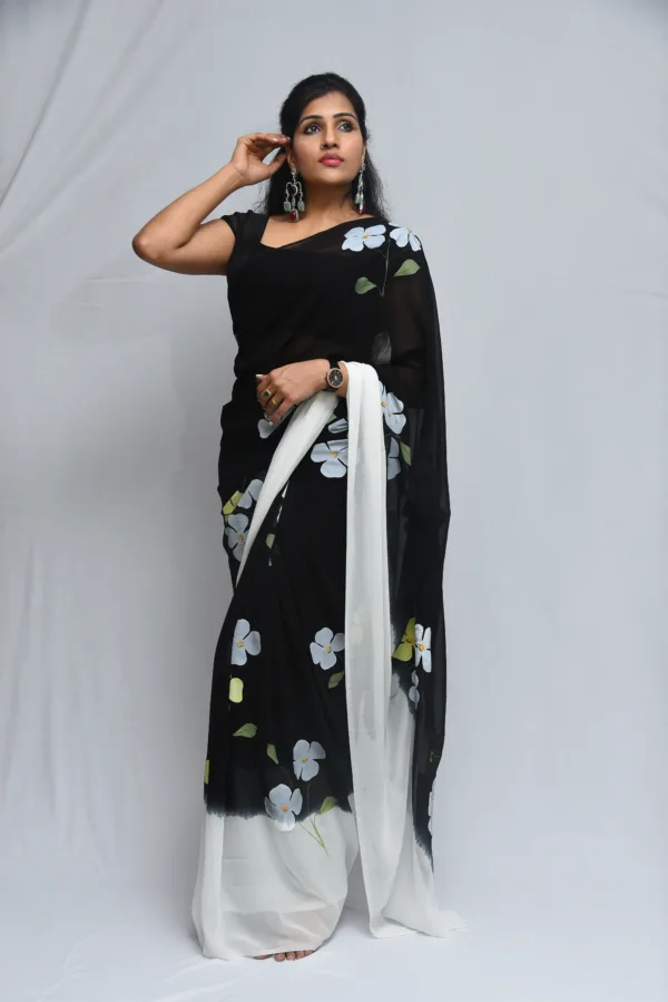 Black Floral Hand-Painted Saree