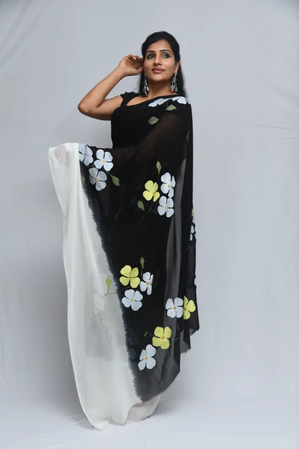 Black Floral Hand-Painted Saree