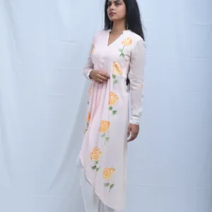 Pure Georgette Baby Pink High-Low Kurti Hand Painted Dress