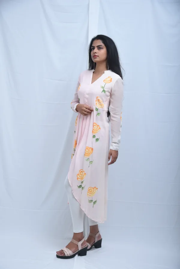 Pure Georgette Baby Pink High-Low Kurti Hand Painted Dress