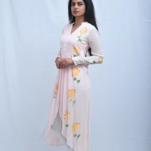 Pure Georgette Baby Pink High-Low Kurti Hand Painted Dress
