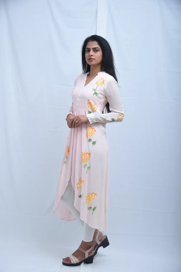 Pure Georgette Baby Pink High-Low Kurti Hand Painted Dress