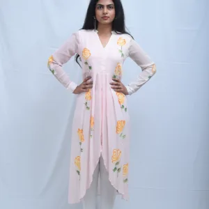 Pure Georgette Baby Pink High-Low Kurti Hand Painted Dress