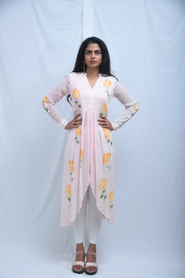 Pure Georgette Baby Pink High-Low Kurti Hand Painted Dress