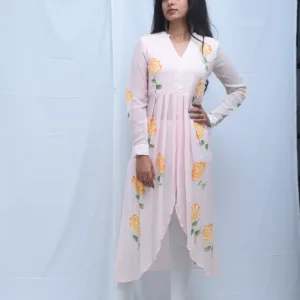 Pure Georgette Baby Pink High-Low Kurti Hand Painted Dress