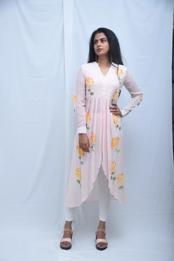 Pure Georgette Baby Pink High-Low Kurti Hand Painted Dress