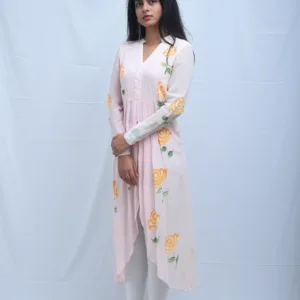 Pure Georgette Baby Pink High-Low Kurti Hand Painted Dress