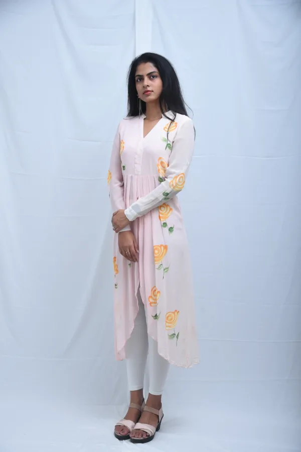 Pure Georgette Baby Pink High-Low Kurti Hand Painted Dress
