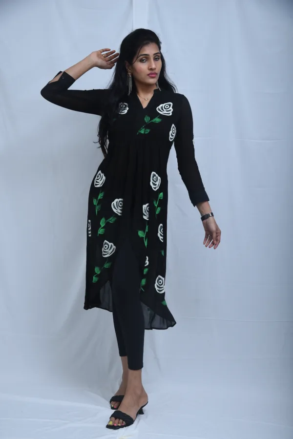 Pure Georgette Hand-Painted Black Dress with White Florals