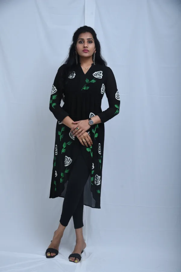 Pure Georgette Hand-Painted Black Dress with White Florals