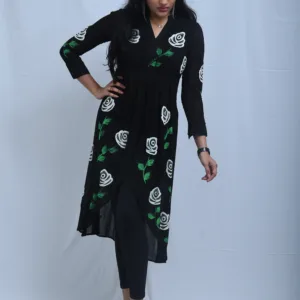 Pure Georgette Hand-Painted Black Dress with White Florals