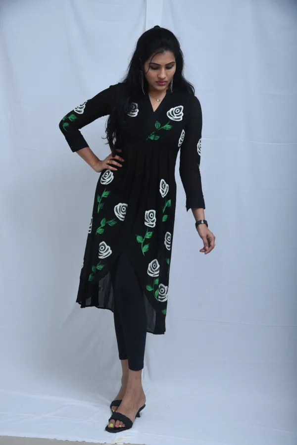 Pure Georgette Hand-Painted Black Dress with White Florals