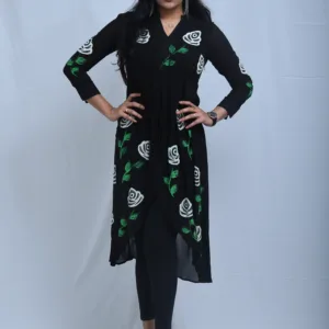 Pure Georgette Hand-Painted Black Dress with White Florals