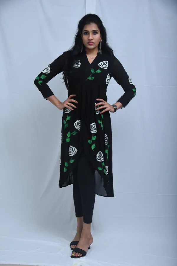 Pure Georgette Hand-Painted Black Dress with White Florals