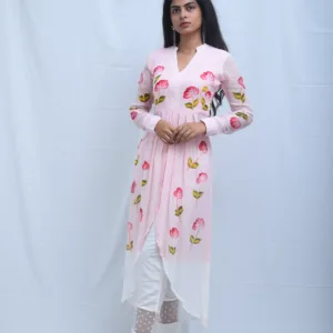 Pure Georgette Hand-Painted Pink Floral Asymmetrical Kurta