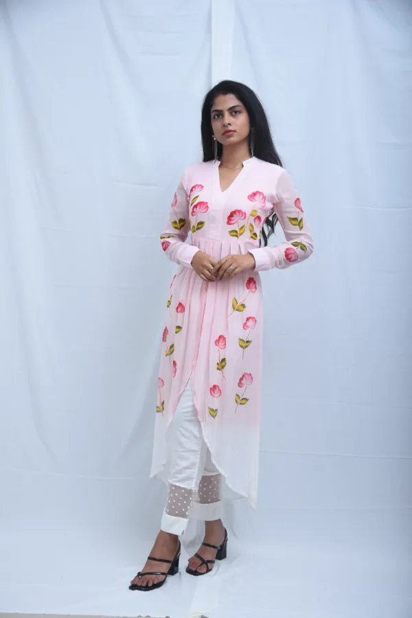 Pure Georgette Hand-Painted Pink Floral Asymmetrical Kurta