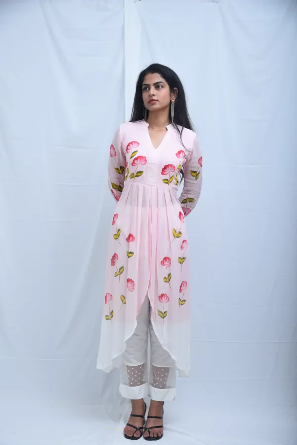Pure Georgette Hand-Painted Pink Floral Asymmetrical Kurta