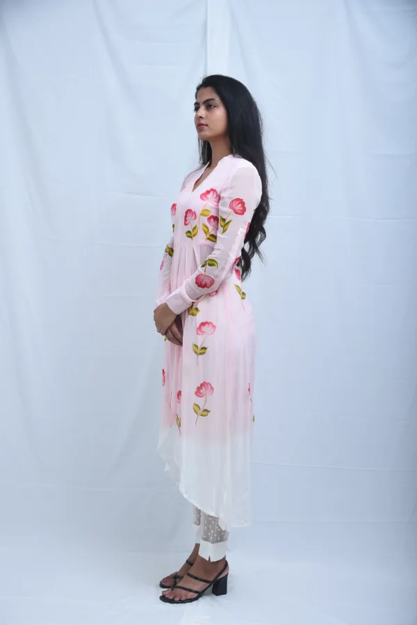 Pure Georgette Hand-Painted Pink Floral Asymmetrical Kurta