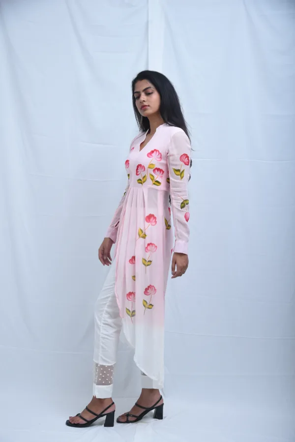 Pure Georgette Hand-Painted Pink Floral Asymmetrical Kurta
