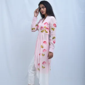 Pure Georgette Hand-Painted Pink Floral Asymmetrical Kurta