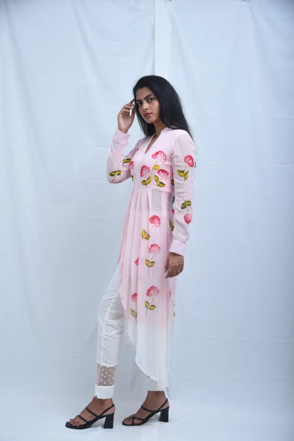 Pure Georgette Hand-Painted Pink Floral Asymmetrical Kurta