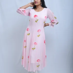 Pure Georgette Hand-Painted Pink Floral Dress