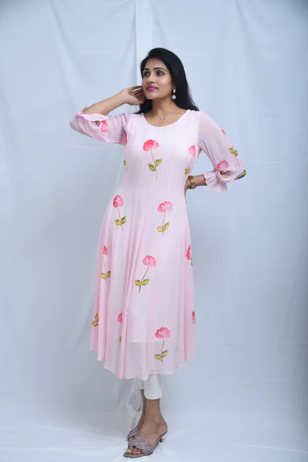 Pure Georgette Hand-Painted Pink Floral Dress
