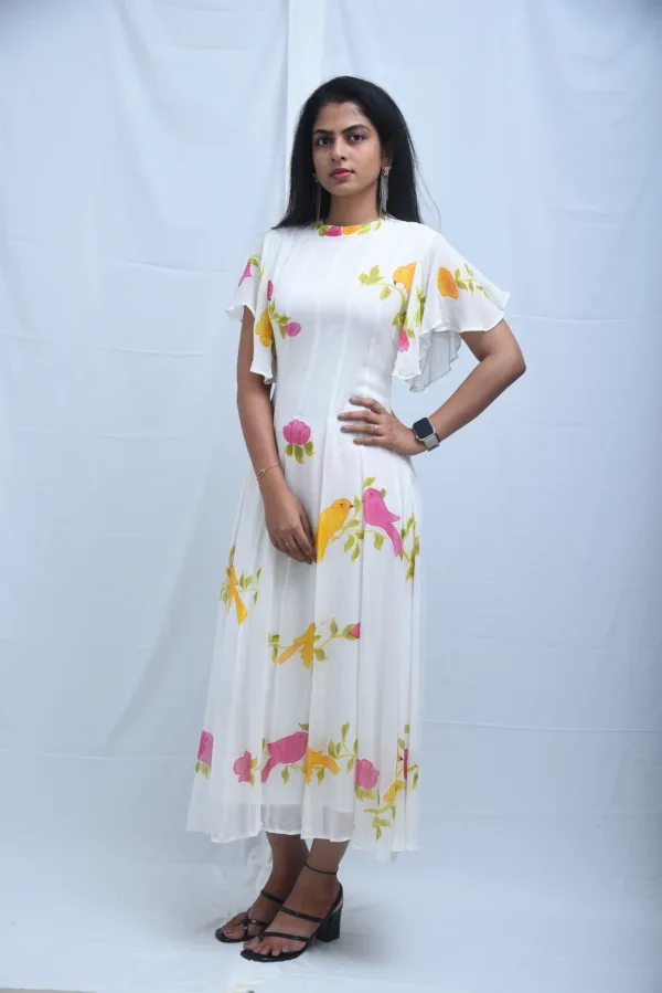Pure Georgette Hand-Painted White Maxi Dress with Floral Bird Print
