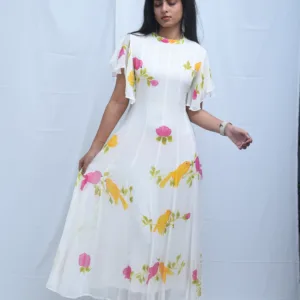 Pure Georgette Hand-Painted White Maxi Dress with Floral Bird Print